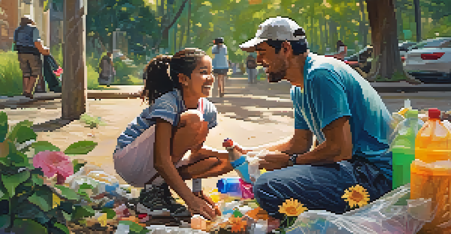 A middle-aged man and a young girl laughing together while sorting through collected trash in a sunny park, surrounded by greenery and flowers.