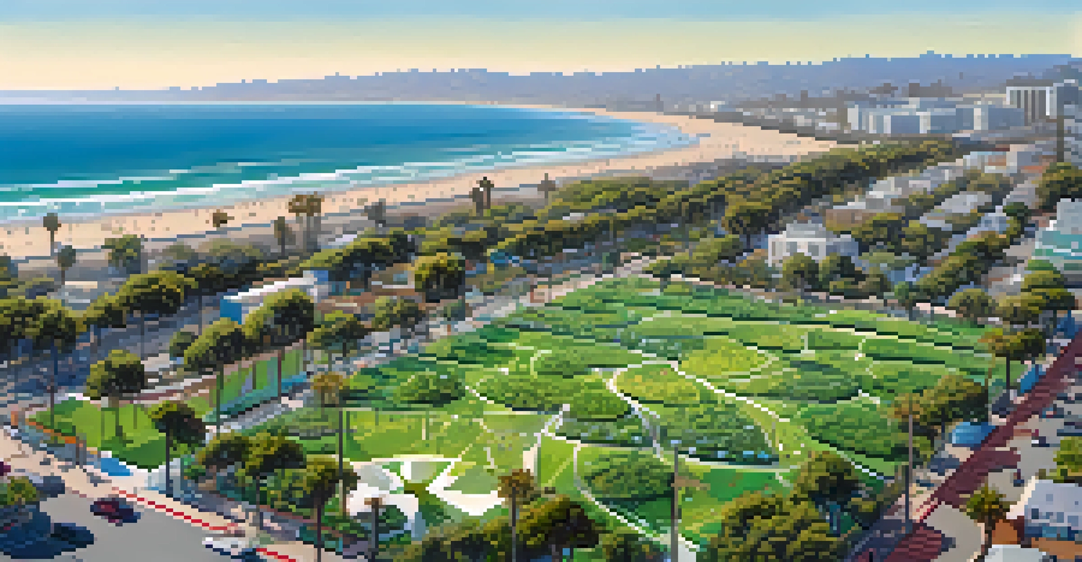 An aerial view of Santa Monica showing green spaces, smart irrigation systems, and the coastline reflecting sunlight.