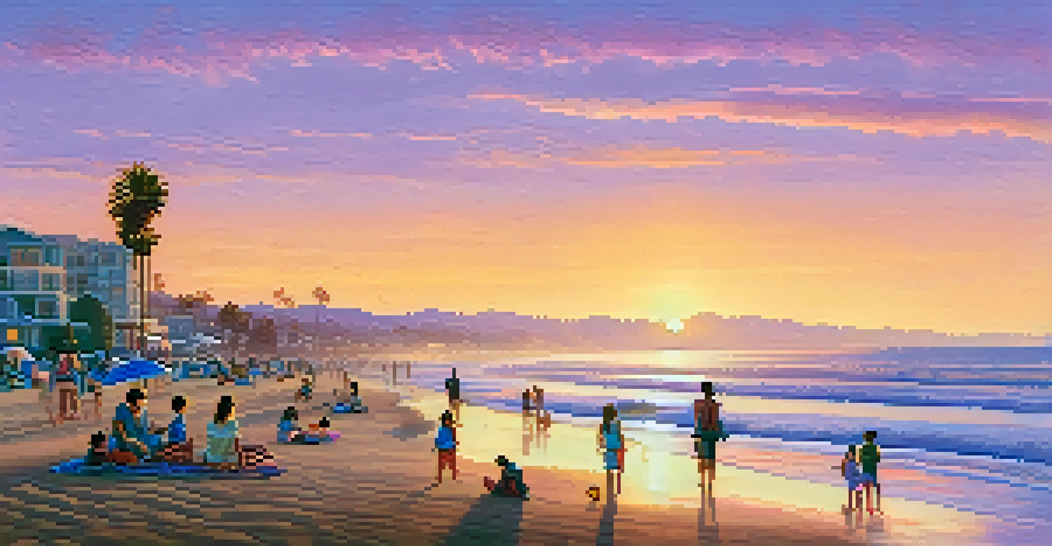 Families picnicking on Santa Monica Beach during sunset, with children playing in the sand and vibrant sky colors.