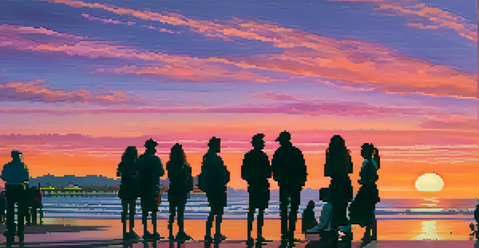 A colorful sunset over Santa Monica Pier with silhouettes of concert-goers enjoying the view.