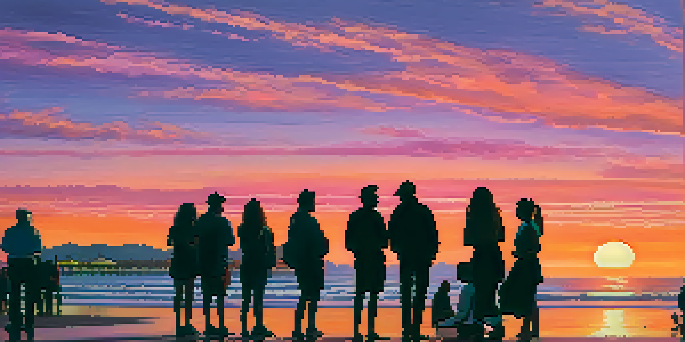 A colorful sunset over Santa Monica Pier with silhouettes of concert-goers enjoying the view.