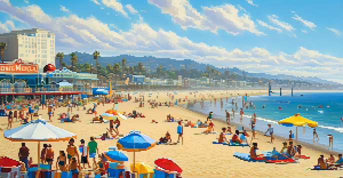 A lively beach scene in Santa Monica with tourists, colorful umbrellas, and the Santa Monica Pier in the background.
