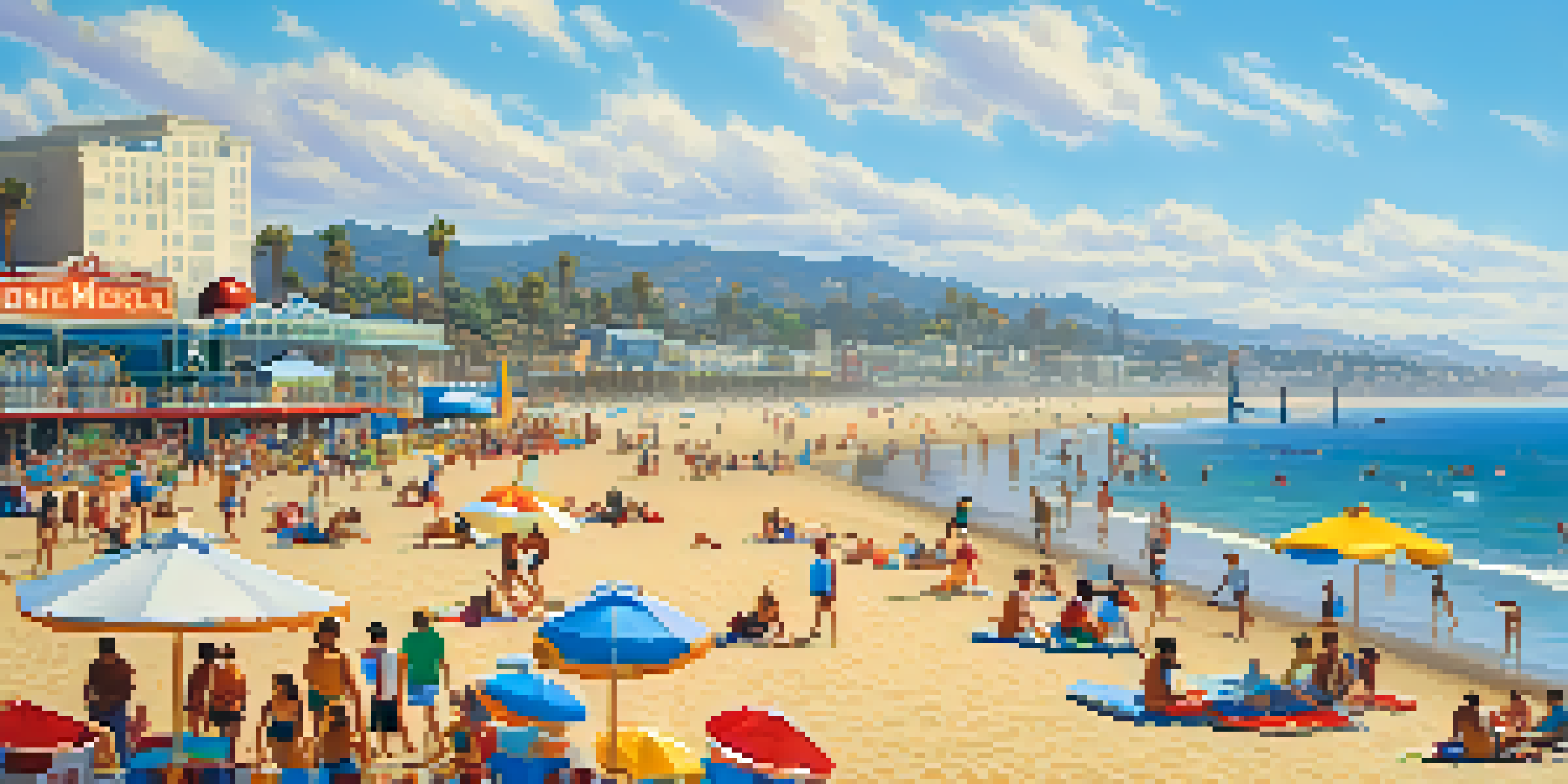 A lively beach scene in Santa Monica with tourists, colorful umbrellas, and the Santa Monica Pier in the background.