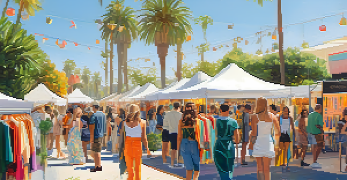 A sunny outdoor sustainable fashion event in Santa Monica with colorful pop-up shops featuring eco-friendly clothing and local artisans.