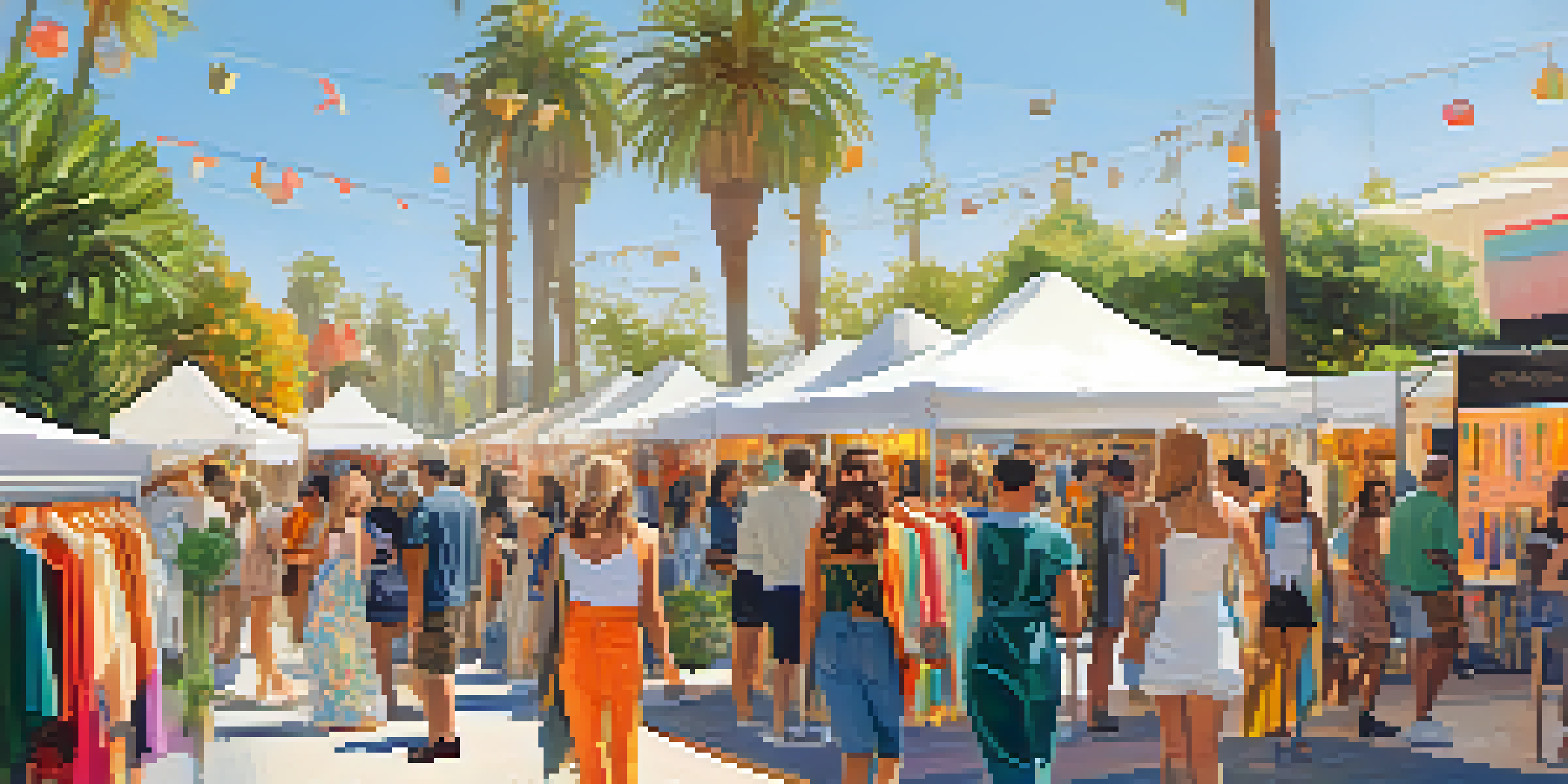 A sunny outdoor sustainable fashion event in Santa Monica with colorful pop-up shops featuring eco-friendly clothing and local artisans.