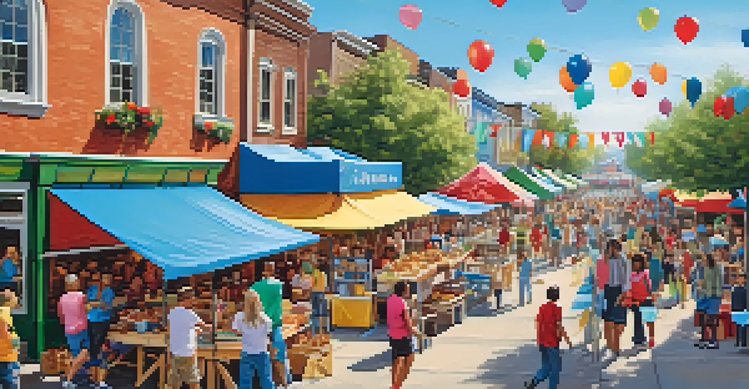 A vibrant community event in a town square with colorful tents, local vendors, and residents enjoying various activities.