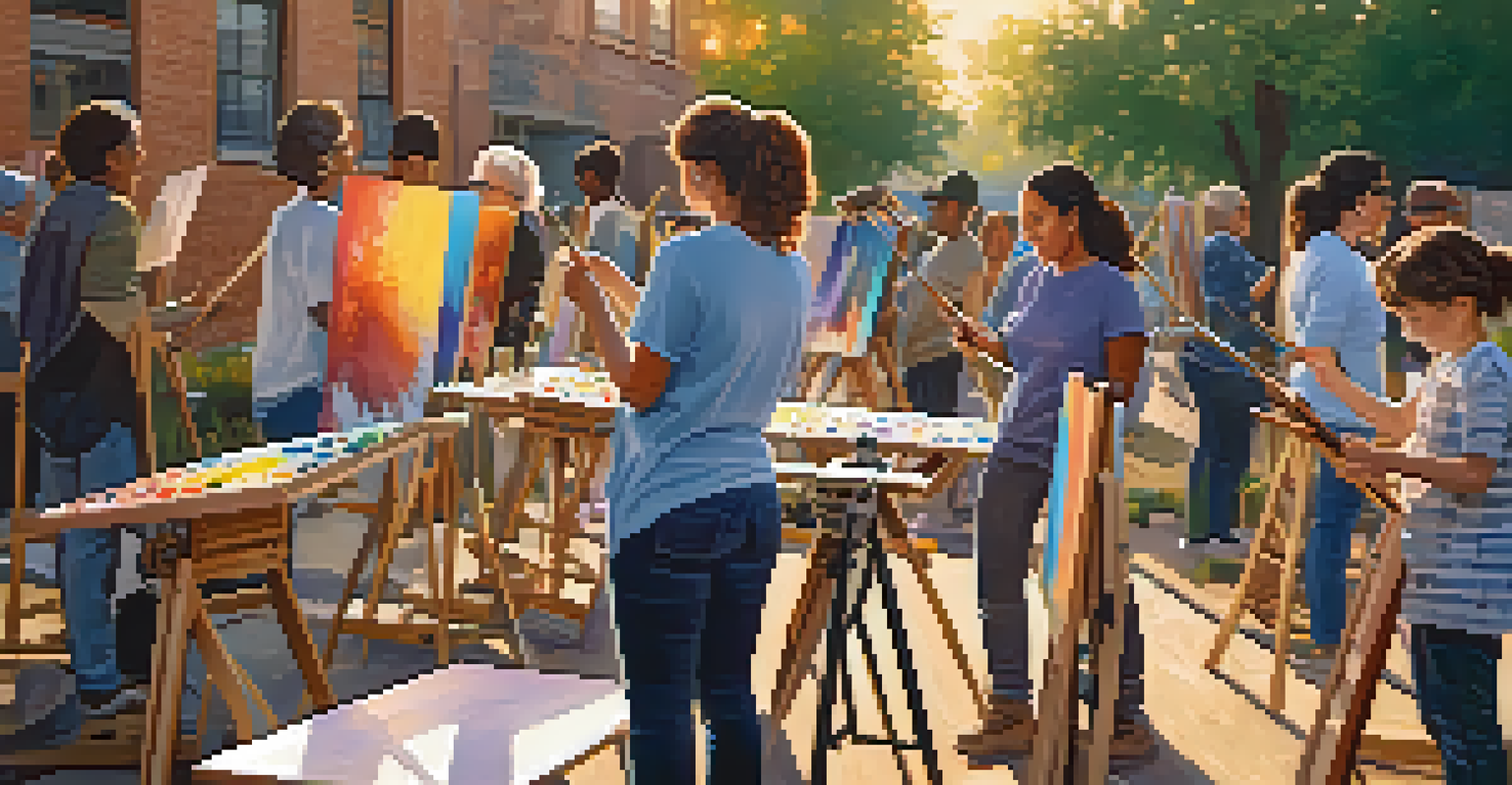 Residents participating in a community art workshop, painting together in an outdoor setting at sunset.