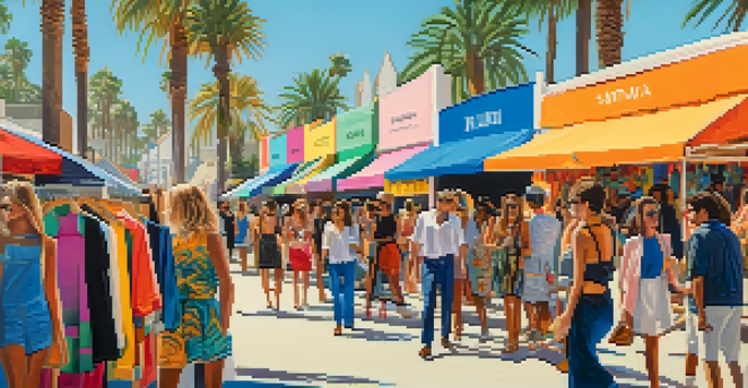 A lively street scene in Santa Monica with designers showcasing colorful clothing at a local fashion event under sunny skies.