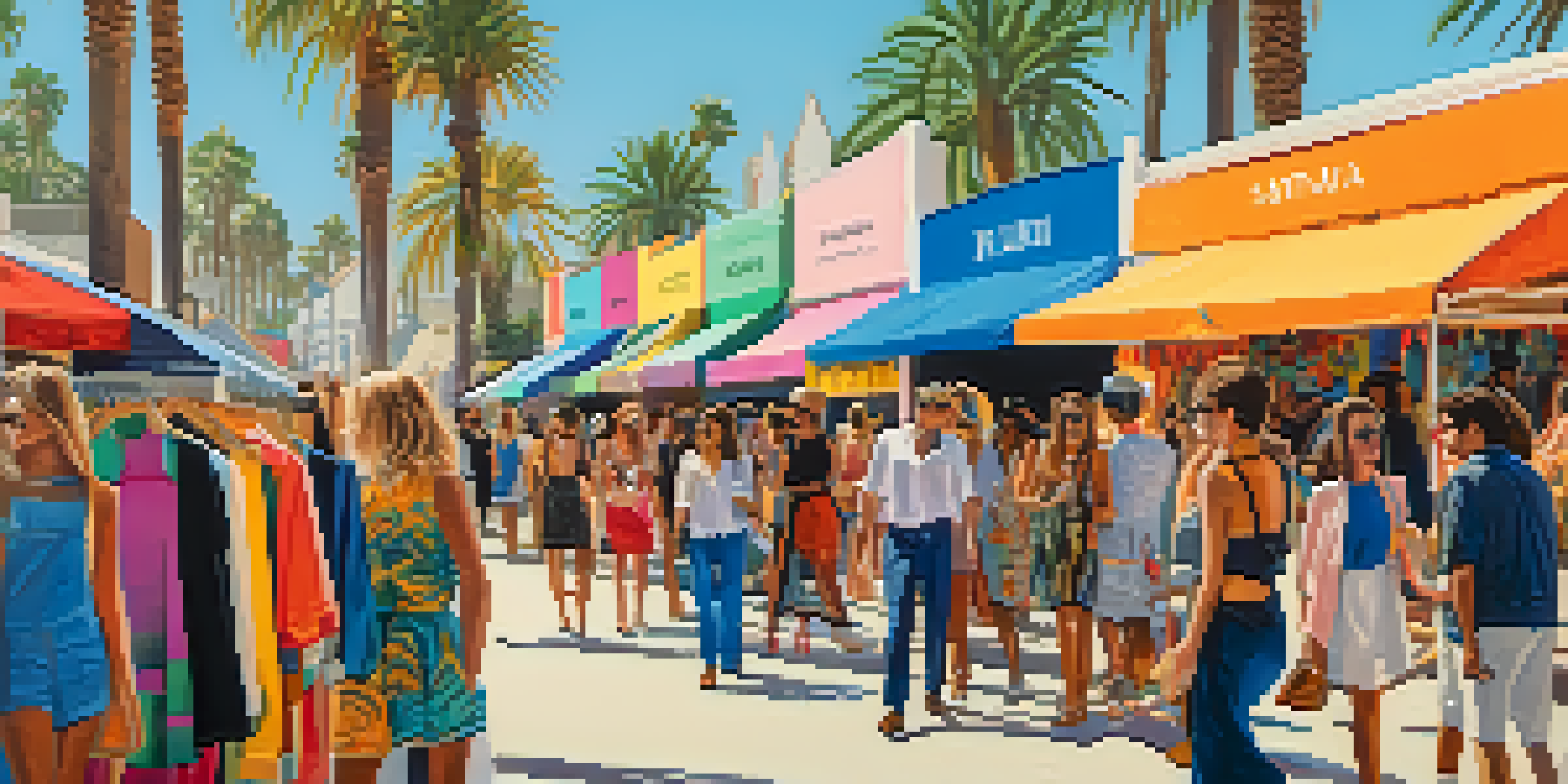 A lively street scene in Santa Monica with designers showcasing colorful clothing at a local fashion event under sunny skies.