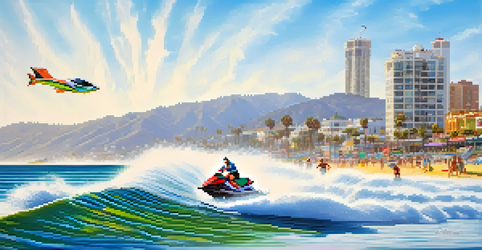 A person on a jet ski racing across the waves near Santa Monica beach, with the pier and beachgoers in the background.