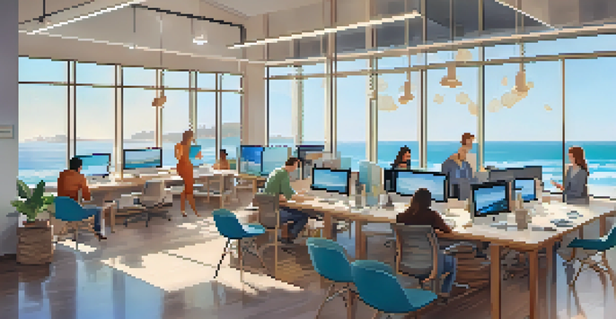 A modern office filled with people collaborating, with beach views and bright natural light.