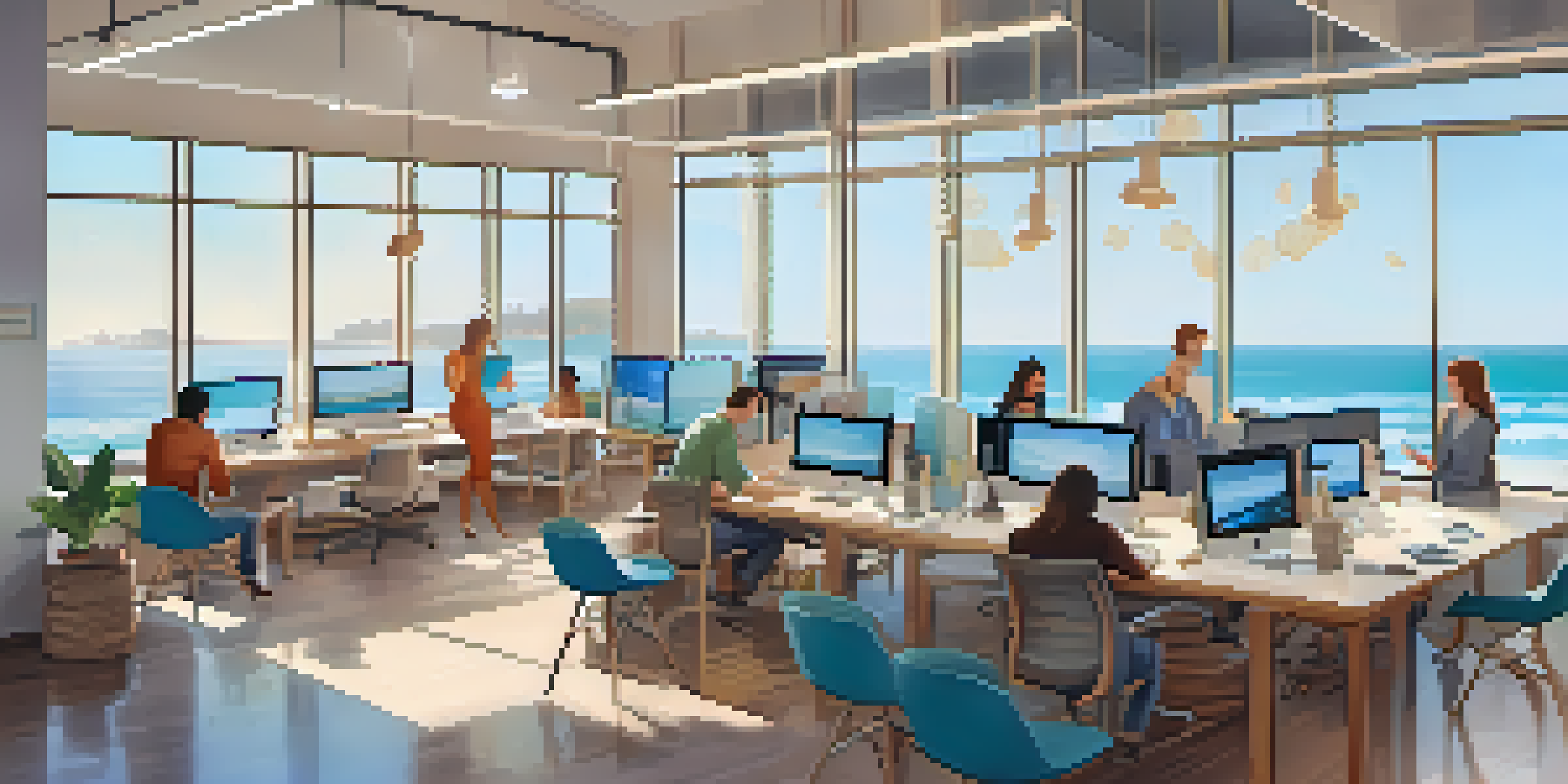 A modern office filled with people collaborating, with beach views and bright natural light.