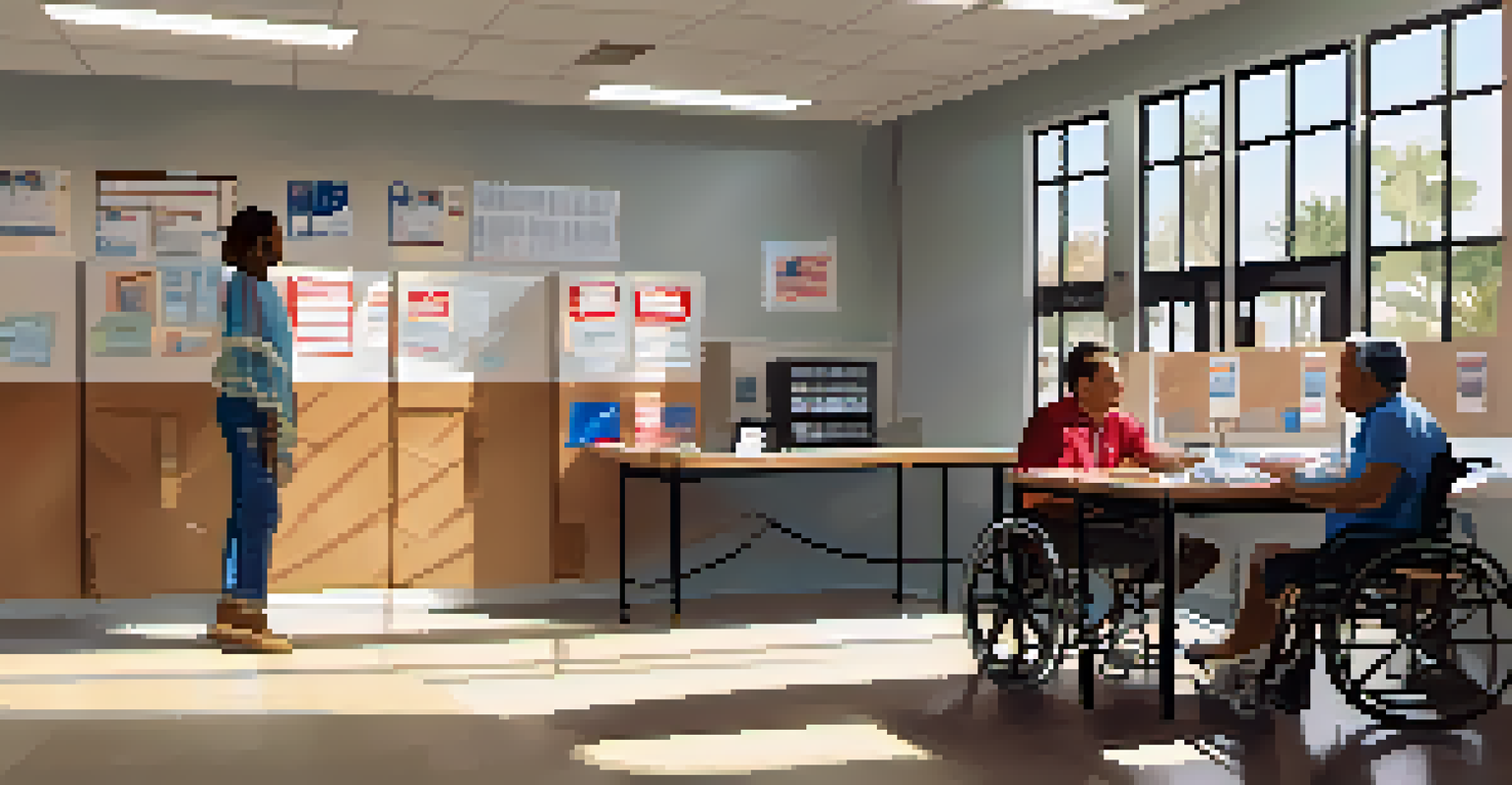 The interior of a Santa Monica polling station with accessible voting machines and a poll worker assisting a voter in a wheelchair.
