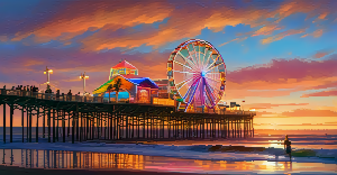 A family-friendly scene at Santa Monica Pier during sunset, with the Ferris wheel and vibrant sky.