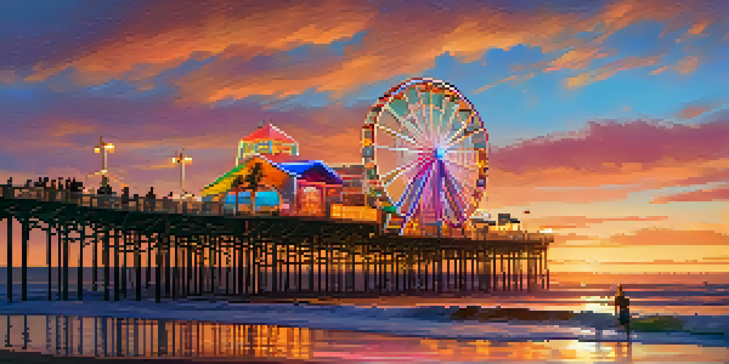A family-friendly scene at Santa Monica Pier during sunset, with the Ferris wheel and vibrant sky.