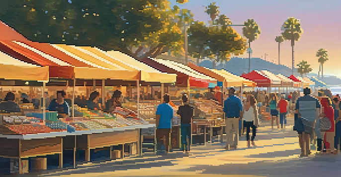 A bustling beachfront market in Santa Monica filled with colorful stalls and shoppers, with the ocean in the background during sunset.
