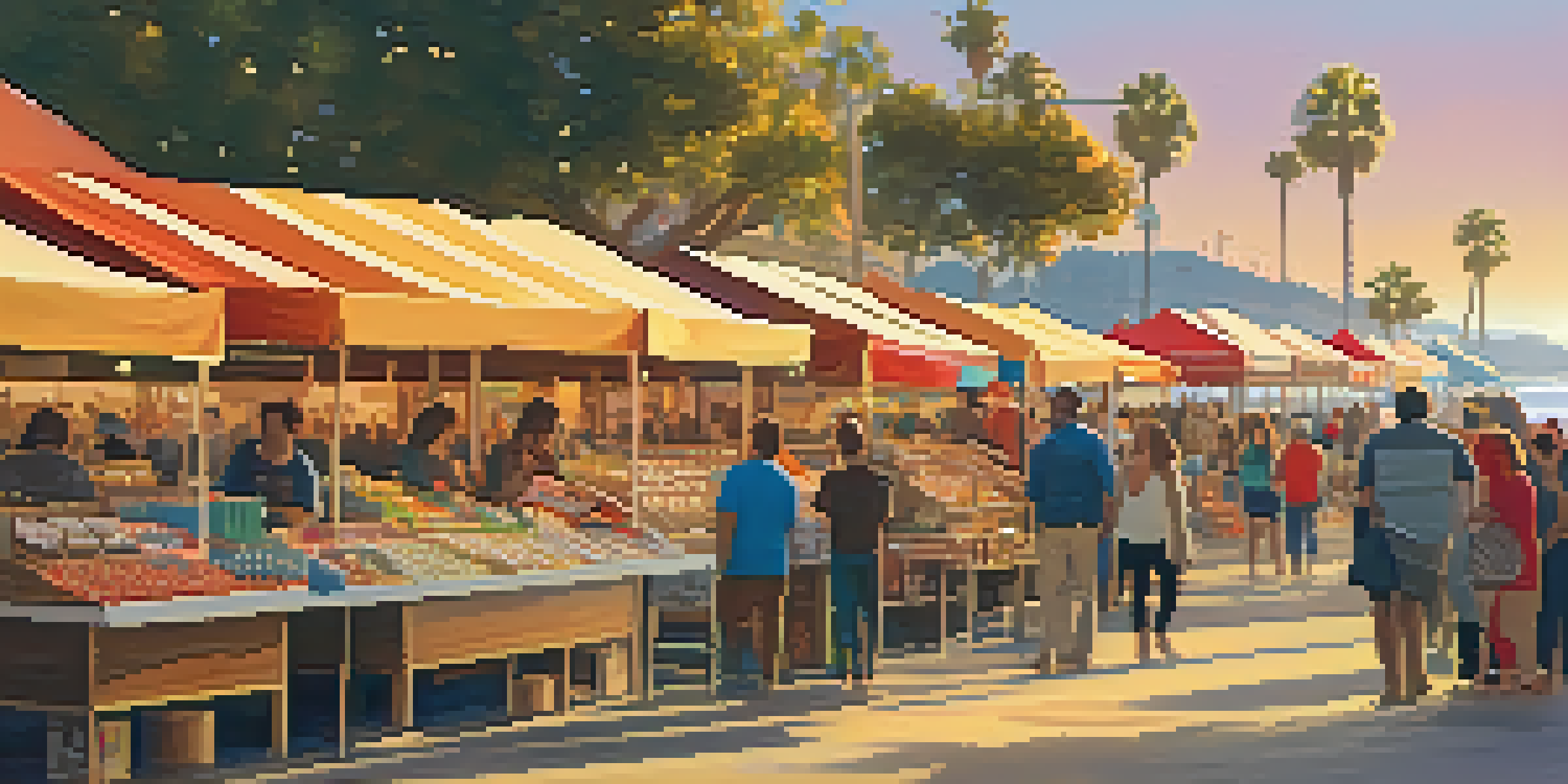 A bustling beachfront market in Santa Monica filled with colorful stalls and shoppers, with the ocean in the background during sunset.