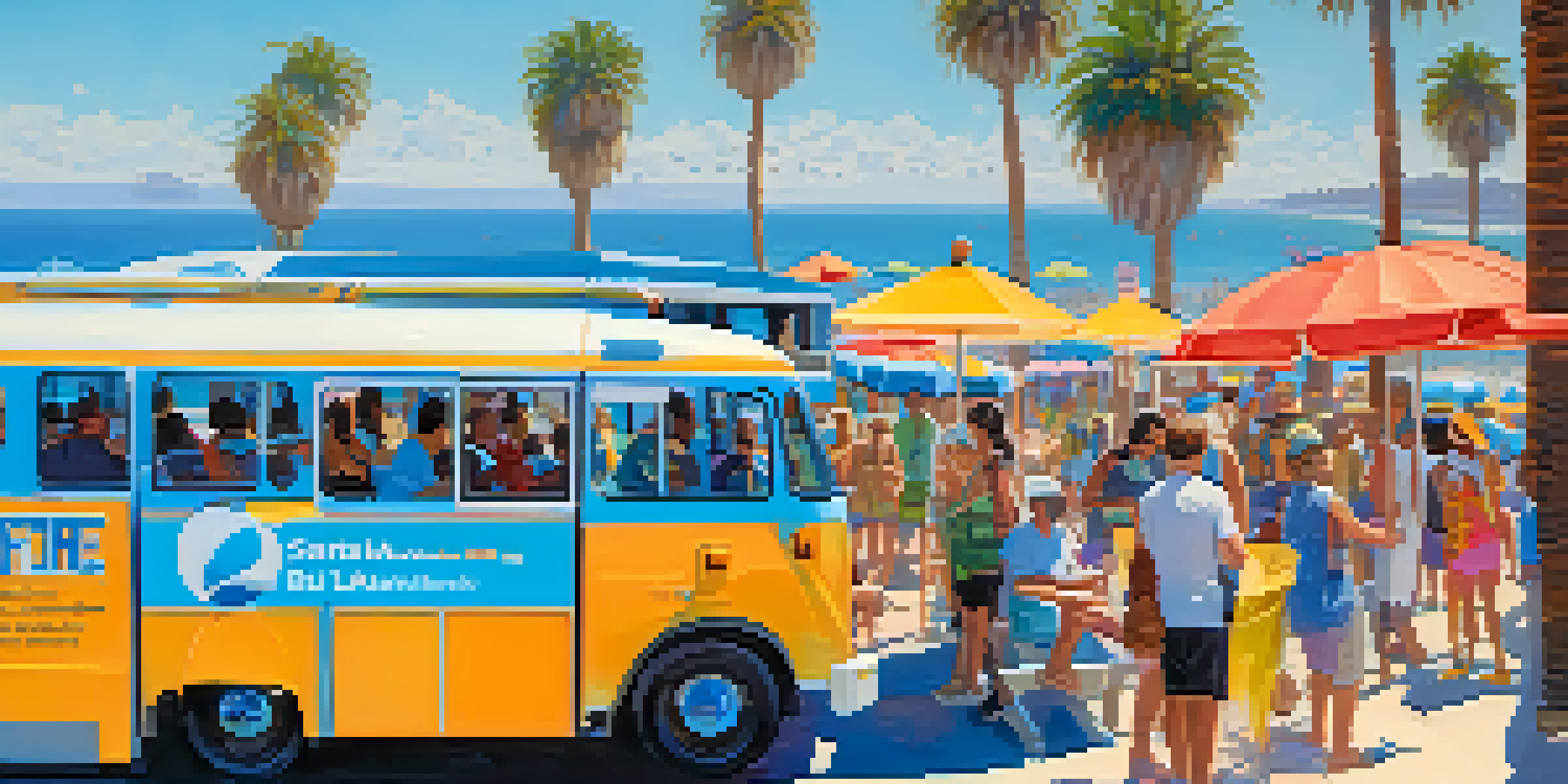 A sunny beach scene featuring Santa Monica's free shuttle bus at a stop, with beach umbrellas and waiting passengers in a vibrant coastal environment.