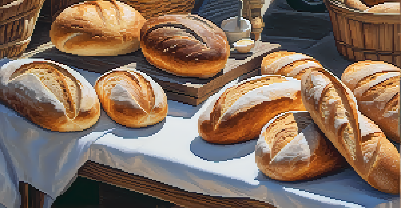 A display of various artisan breads including sourdough and baguettes at a farmers market, with warm sunlight highlighting the textures.