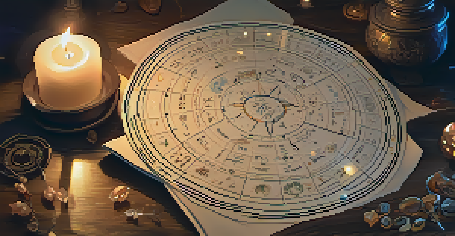 An astrological chart on a wooden table with candles, crystals, and a journal, creating an inviting atmosphere.