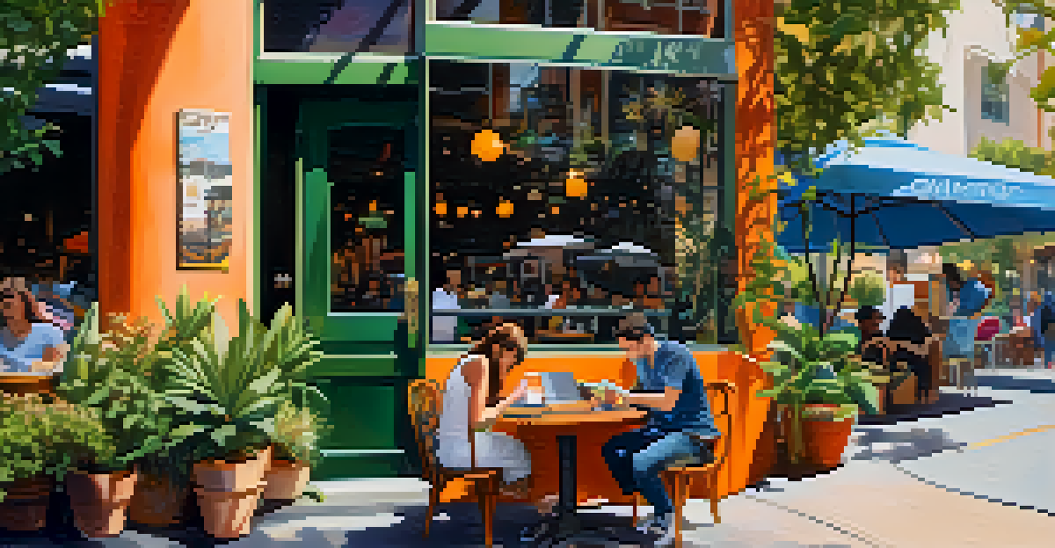 A person journaling at an outdoor café with a coffee, surrounded by street art and lively surroundings.
