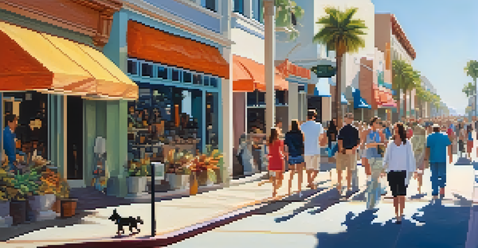 A lively shopping promenade with a dog walking beside its owner, surrounded by colorful shops and palm trees under a sunny sky.