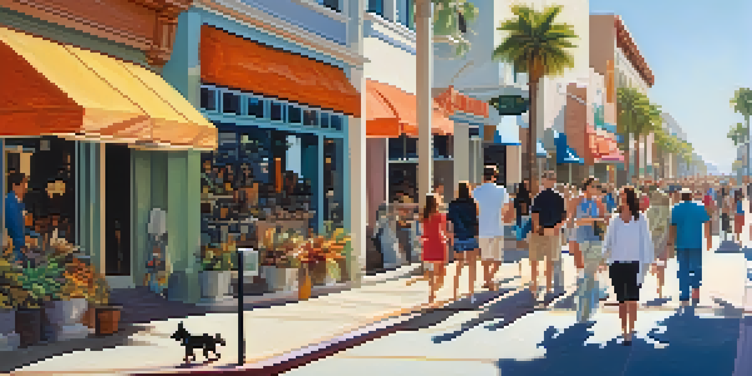 A lively shopping promenade with a dog walking beside its owner, surrounded by colorful shops and palm trees under a sunny sky.