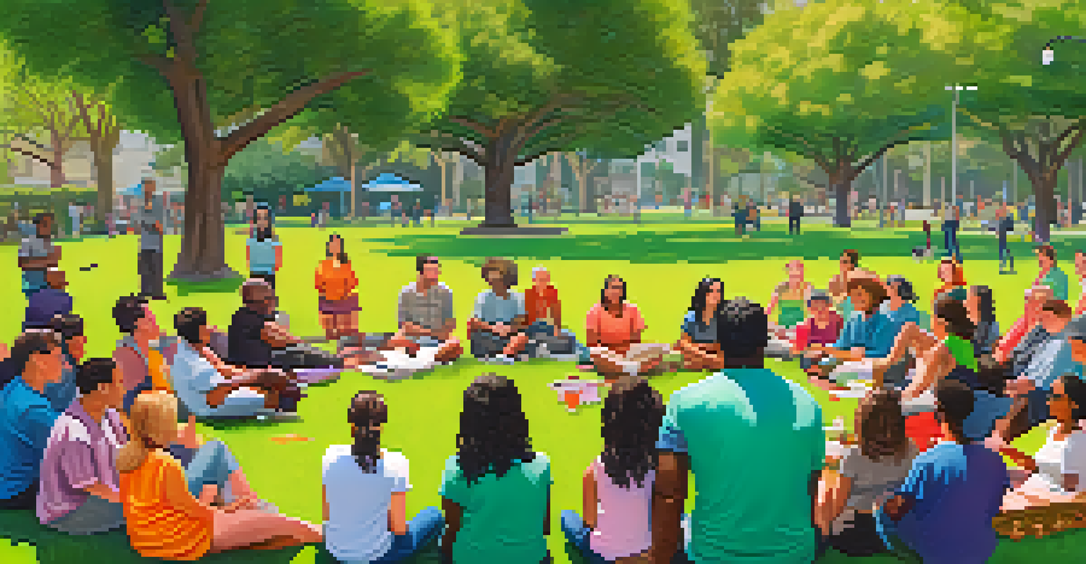 A diverse group of people sitting in a circle in a park, participating in a community support group meeting.