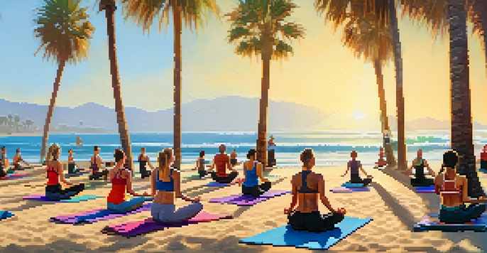 A diverse group of people practicing yoga on colorful mats at Santa Monica beach under a bright sun.