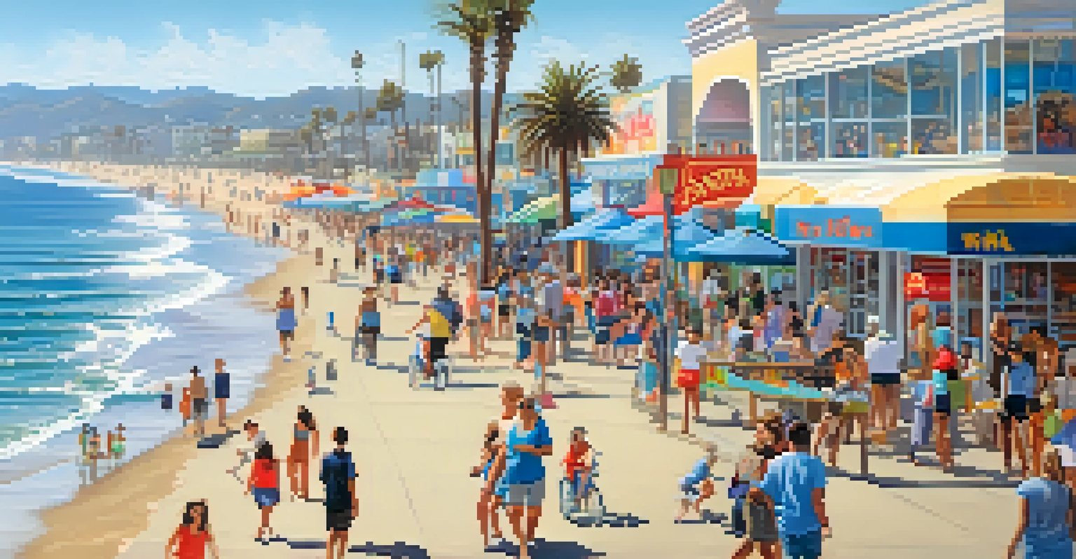 A busy Santa Monica Beach Boardwalk with people walking and biking, colorful shops, and musicians performing.
