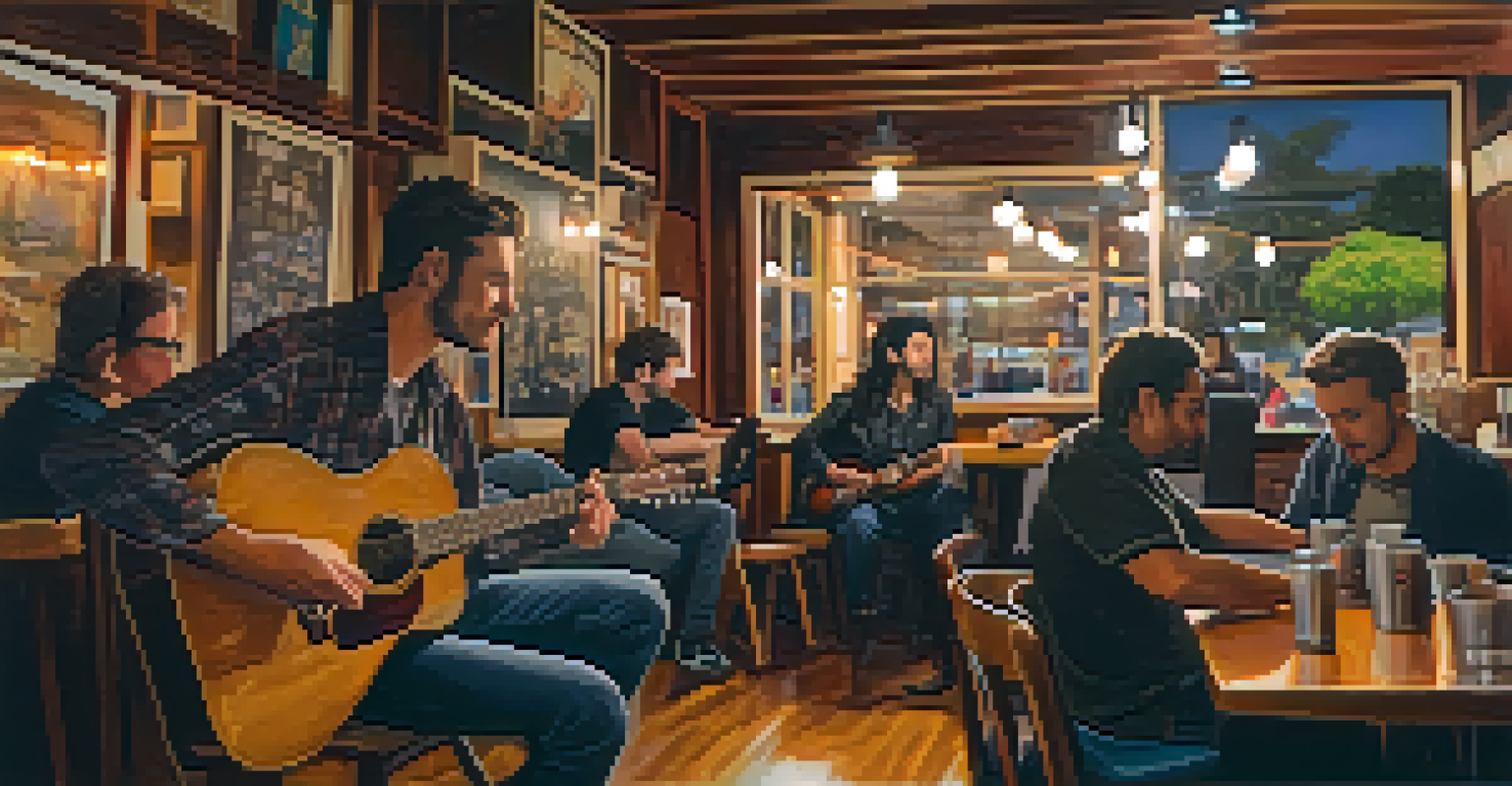 A singer-songwriter performing in a cozy coffee shop in Santa Monica, with warm lighting and an engaged audience enjoying the music.