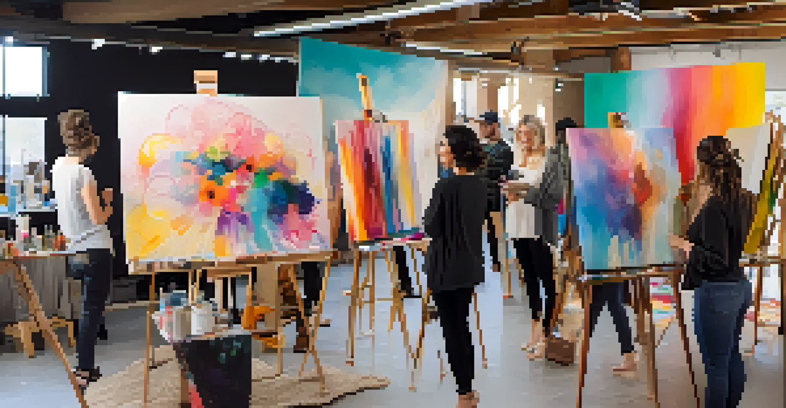 A diverse group of local artists and fashion designers participating in a collaborative workshop in a bright studio filled with colorful art and fashion pieces.