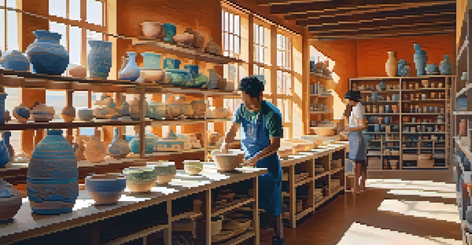 A bright ceramics studio in Santa Monica with artisans creating pottery. One is shaping clay on a wheel, while another builds a bowl by hand. Colorful pottery is displayed on the shelves, and sunlight streams through the windows.