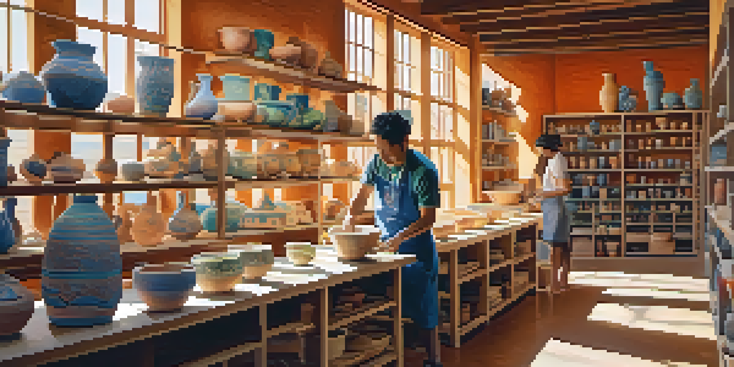 A bright ceramics studio in Santa Monica with artisans creating pottery. One is shaping clay on a wheel, while another builds a bowl by hand. Colorful pottery is displayed on the shelves, and sunlight streams through the windows.