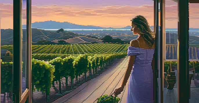 A beautiful sunset over a vineyard with grapevines and a glass of red wine on a wooden deck.