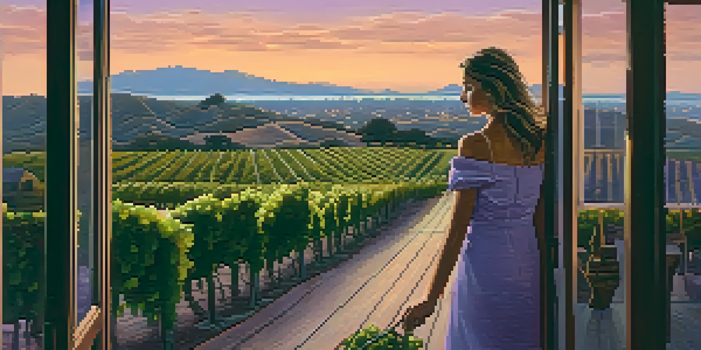 A beautiful sunset over a vineyard with grapevines and a glass of red wine on a wooden deck.