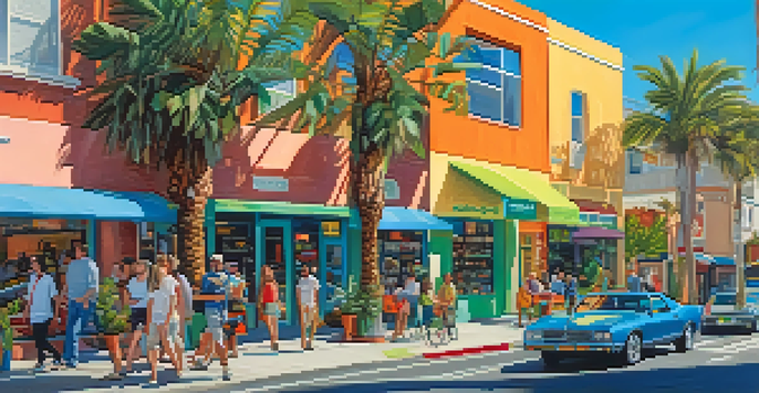 A lively street in Santa Monica featuring local businesses, solar panels on rooftops, and palm trees, creating a sunny and eco-friendly atmosphere.