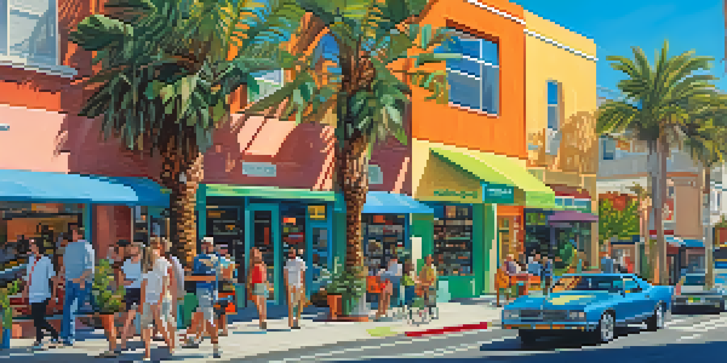 A lively street in Santa Monica featuring local businesses, solar panels on rooftops, and palm trees, creating a sunny and eco-friendly atmosphere.