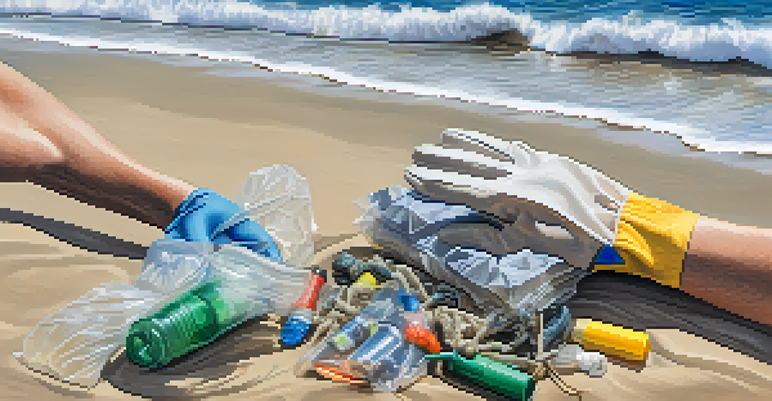 Close-up of a volunteer's hands holding collected trash, such as plastic bottles and fishing gear, with a beach background.