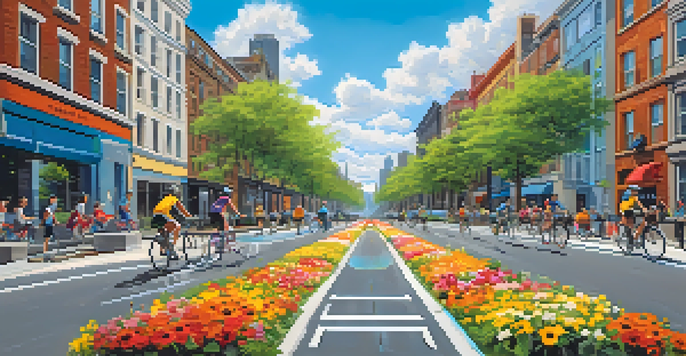 A colorful urban bicycle lane with trees and flowers, featuring cyclists of different ages riding under a blue sky.