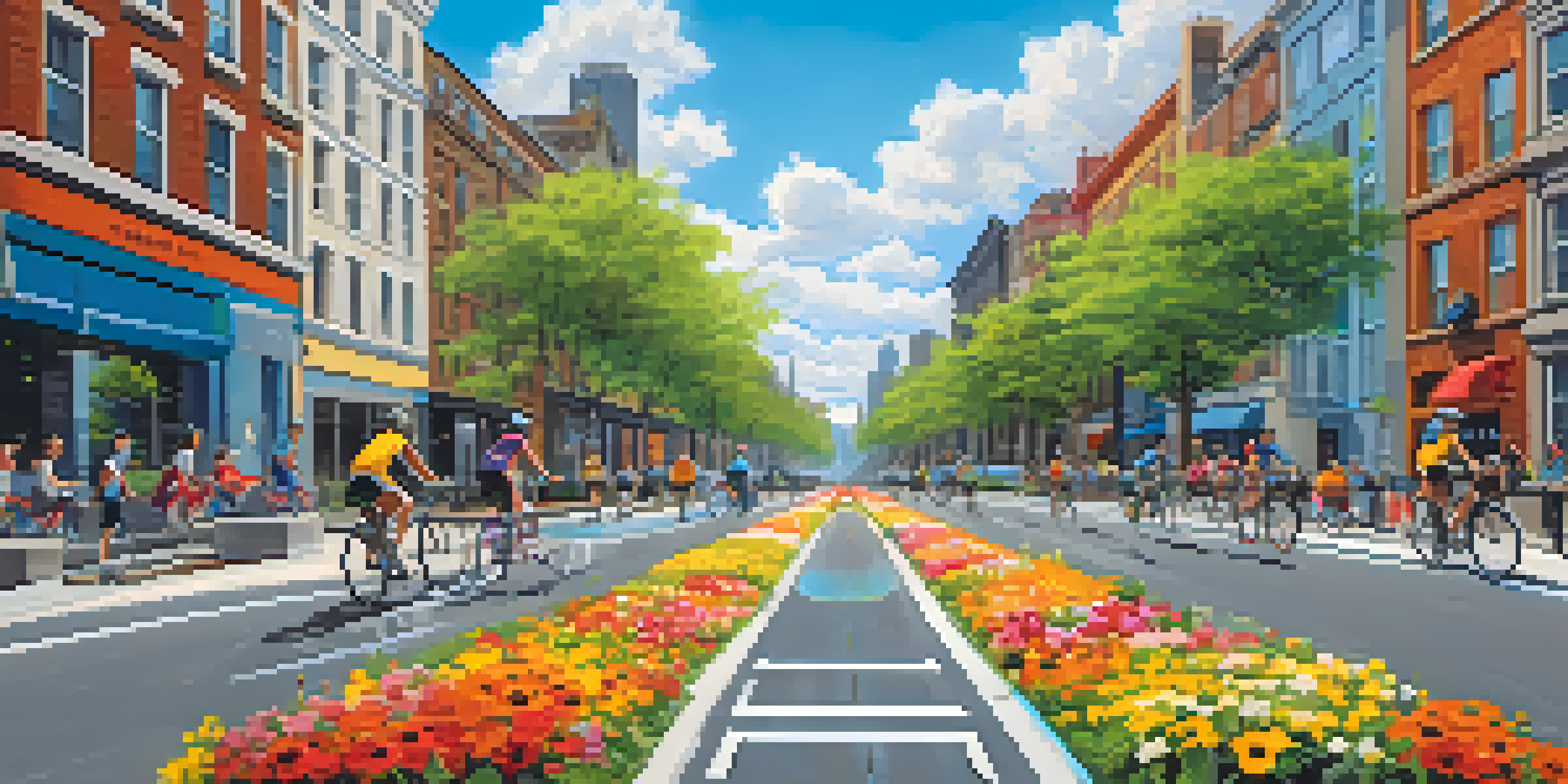 A colorful urban bicycle lane with trees and flowers, featuring cyclists of different ages riding under a blue sky.