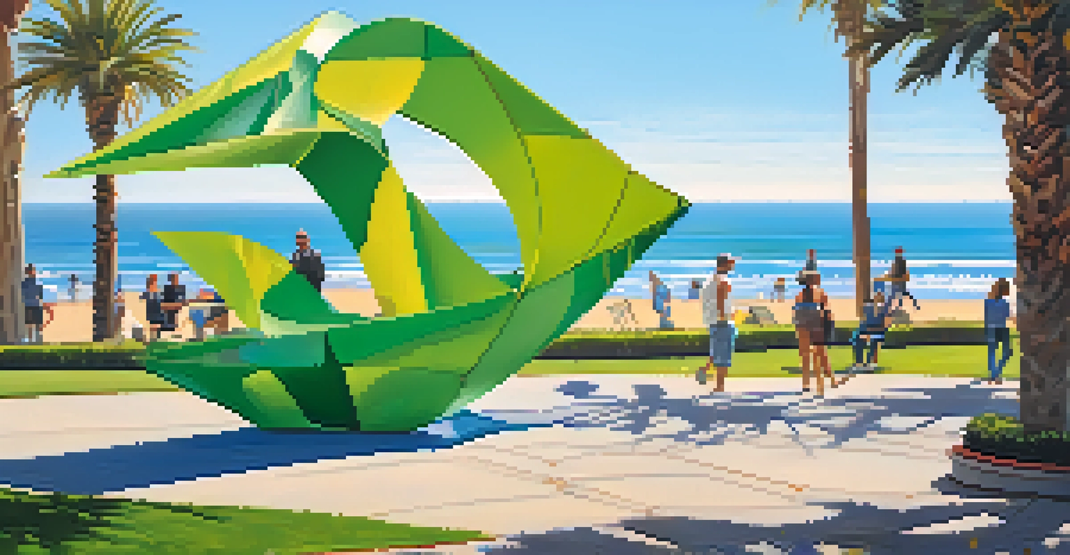 The colorful 'The Kite' sculpture near Santa Monica Pier, surrounded by a green park and a sparkling ocean under a clear blue sky.