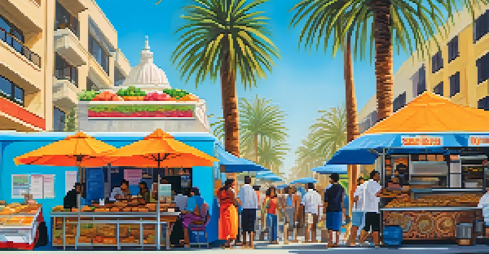 A bustling street food scene in Santa Monica with food trucks and people enjoying Indian snacks.