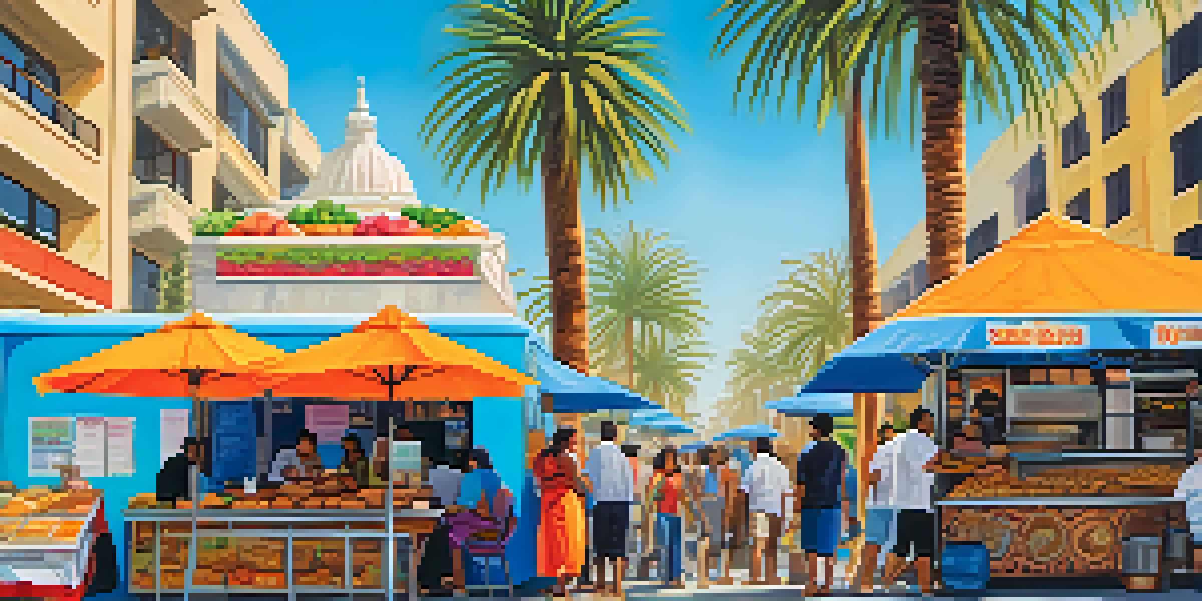 A bustling street food scene in Santa Monica with food trucks and people enjoying Indian snacks.