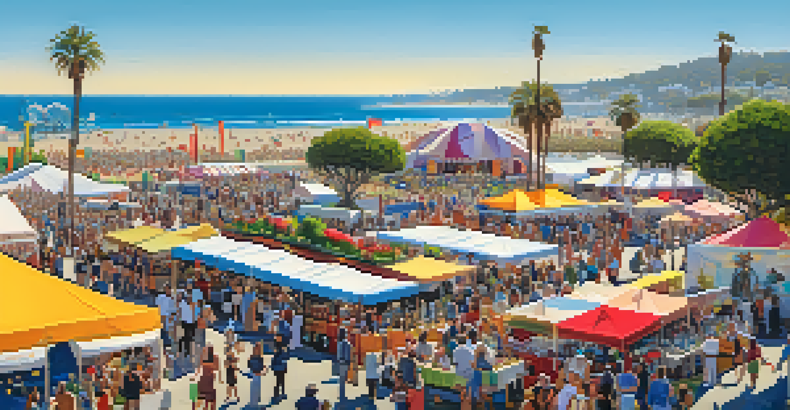 A lively wine festival in Santa Monica with colorful tents, food stalls, and attendees enjoying wine tastings and live music.