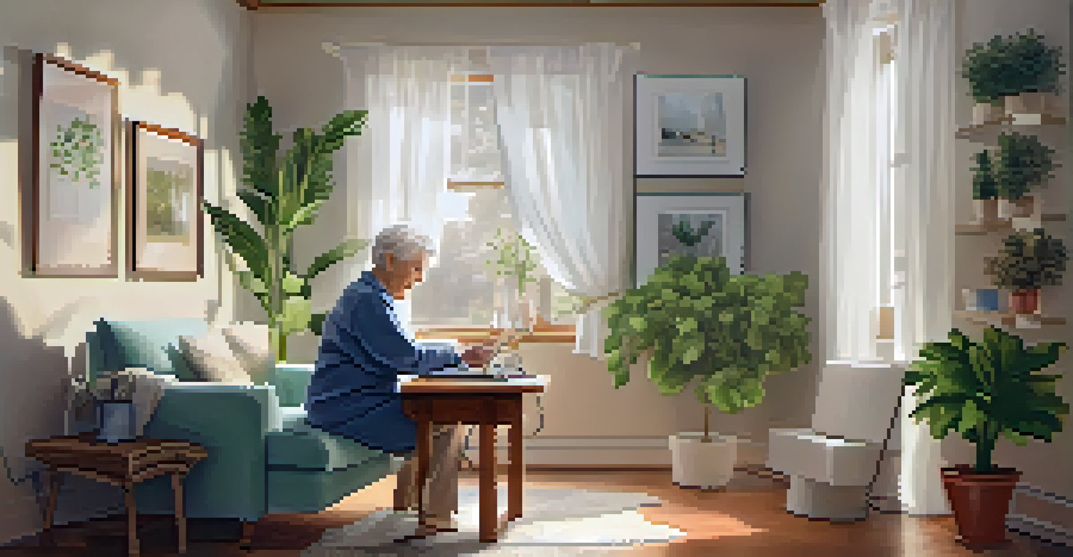 A senior citizen comfortably using a tablet for a telemedicine appointment in a cozy home setting.