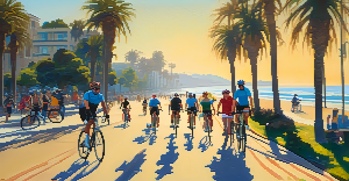 A sunny beach scene in Santa Monica with cyclists riding along a bike lane, palm trees, and the ocean in the background.