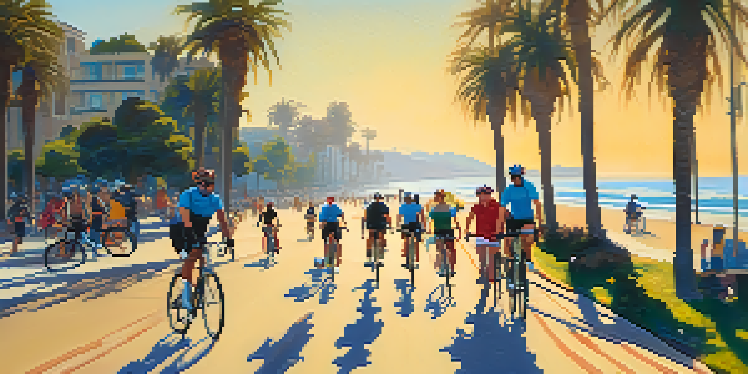 A sunny beach scene in Santa Monica with cyclists riding along a bike lane, palm trees, and the ocean in the background.