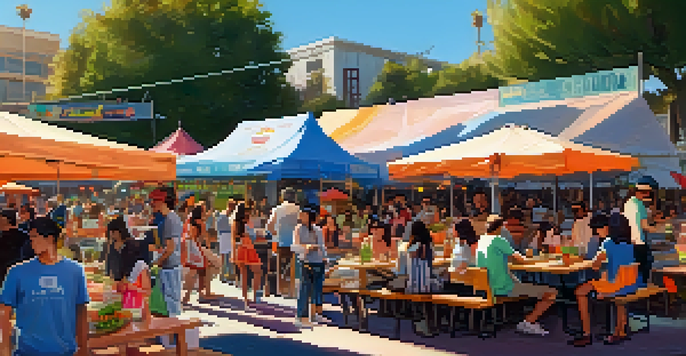 A lively street food festival with diverse food trucks and people enjoying meals in a sunny Santa Monica park.