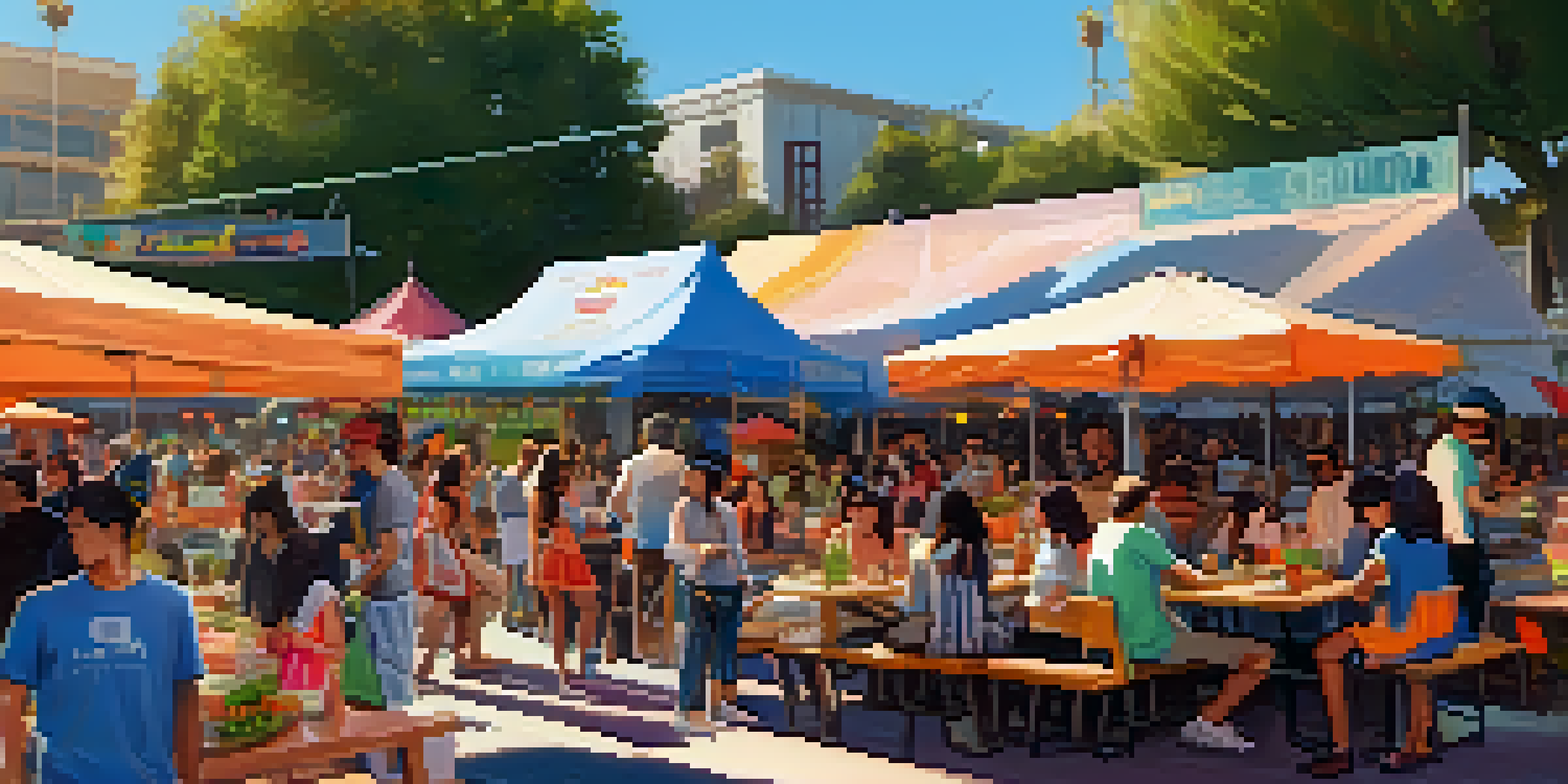 A lively street food festival with diverse food trucks and people enjoying meals in a sunny Santa Monica park.